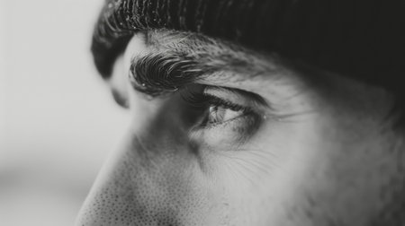 A close-up view captures the striking detail of a man's eye, showing vibrant hues and textures. Natural light emphasizes the depth and intensity, revealing the uniqueness of his gaze.の素材