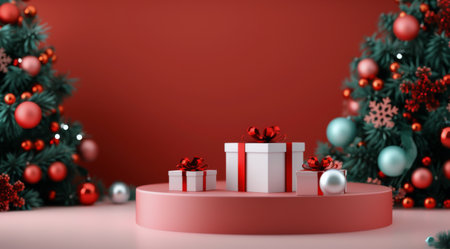 A vibrant red backdrop features a beautifully decorated Christmas tree alongside neatly stacked gift boxes. The arrangement creates a joyful holiday atmosphere, perfect for celebrations and festive gatherings.の素材