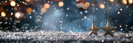 Decorative ornaments including stars and baubles rest on a snowy surface, illuminated by twinkling lights and a shimmering bokeh background, creating a warm holiday atmosphere in winter.の素材