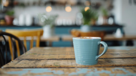 A cozy coffee shop interior features wooden tables and stools, illuminated by warm pendant lights. Patrons enjoy their drinks in a relaxed atmosphere, surrounded by contemporary decor and large windows.の素材