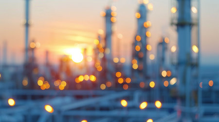 A vibrant sunset casts a warm glow over an oil refinery, highlighting tall flaring towers and intricate industrial structures. The sky is painted with hues of orange and purple, creating a stunning backdrop for the facility.の素材