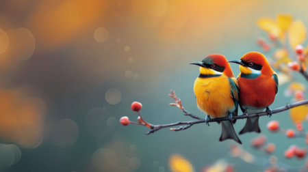 Two vibrant birds, one orange and yellow and the other red and yellow, sit closely together on a branch amidst a softly blurred autumn background filled with warm tones.の素材