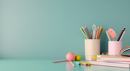 Various stationery items are arranged on a turquoise desk, featuring colorful pens, notebooks, and craft tools, creating a vibrant workspace for creativity and organization.の素材