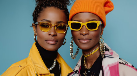 Two friends stand side by side, beaming with joy while wearing stylish colorful outfits and sunglasses. A vibrant pastel building and palm trees form a cheerful backdrop under clear blue skies.の素材