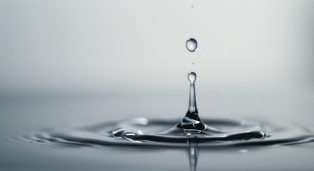 A single water droplet creates ripples on a smooth surface, captured against a soft gradient background transitioning from pink to orange during dusk.の素材