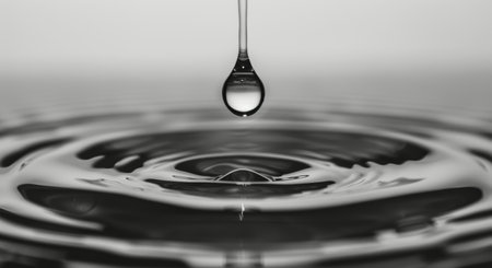A single droplet of water descends and makes contact with a tranquil surface, generating concentric ripples that spread outward, capturing the essence of movement and stillness in harmony.の素材