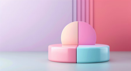 A vibrant pie featuring chart sections in pink, blue, and purple stands prominently on a circular pedestal, complemented by a minimalist pastel background that enhances its modern design.の素材