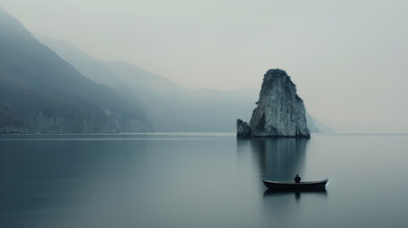 A solitary boat navigates turquoise waters, surrounded by towering rocky cliffs, showing nature's beauty and tranquility. The clear water reflects the serene ambiance of this stunning location.の素材