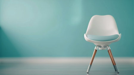 A sleek office chair with wheels stands alone against a vibrant aqua blue wall in a modern workspace, showcasing minimalist design and a calming aesthetic.の素材