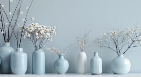 A collection of varying blue and white vases filled with delicate dried flowers, arranged neatly against a soft light blue wall, creating a serene and minimalist decorative atmosphere.の素材