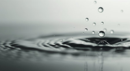 Water droplets descend onto a calm surface, creating concentric ripples that spread outward, illustrating the beauty of fluid motion and the interaction of nature's elements.の素材