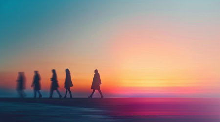 Several silhouettes of people walk in a line toward a vibrant sunset, creating a striking contrast with colorful light trails around them. The urban environment adds a modern touch to this serene moment.の素材