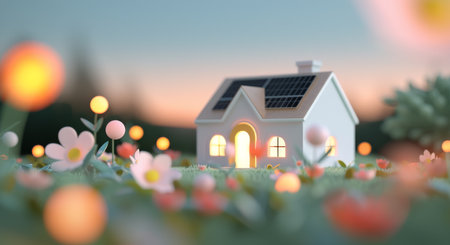 A small, solar panel-equipped house stands in a vibrant flower garden as the sun sets, casting a warm glow that illuminates the scene with a magical, tranquil ambiance.の素材
