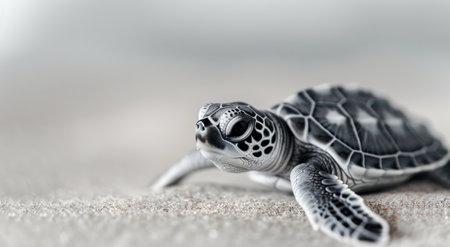 A young sea turtle makes its way across a soft sandy beach during the early morning hours, showing its distinct shell and intricate patterns as it ventures towards the ocean.の素材
