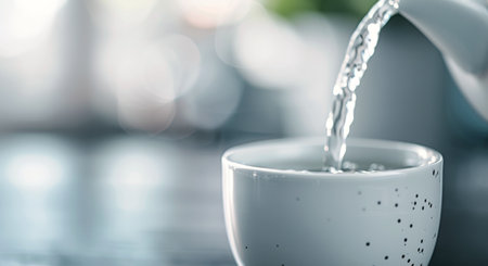 Water is being poured from a jug into a white bowl, creating ripples. The background features soft, sparkling lights that enhance the serene atmosphere of the moment.の素材