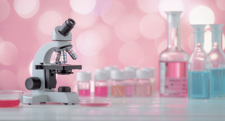 A laboratory microscope is positioned on a clean surface surrounded by colorful glassware filled with liquids, set against a soft pink backdrop that creates a vibrant, scientific atmosphere.の素材