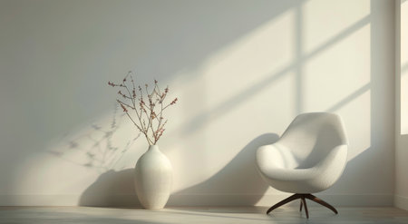 A comfortable, minimalist chair is positioned near a large window, where soft sunlight streams in, casting gentle shadows. A simple vase holds delicate branches, enhancing the serene atmosphere.の素材