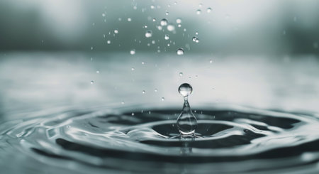 A single droplet descends and splashes into a tranquil body of water, generating concentric ripples that expand outward. The scene captures the beauty and fluidity of water in motion.の素材