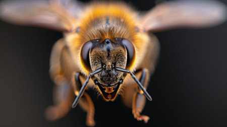 A bumblebee is shown in intricate detail, showcasing its fuzzy yellow and black body, antennae, and wings, as it appears to hover with delicate precision against a contrasting dark backdrop.の素材