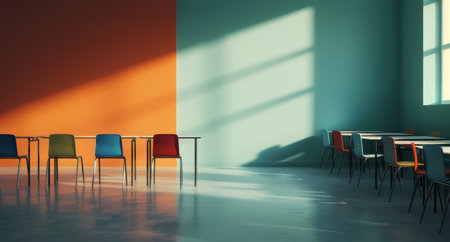 Empty classroom featuring vibrant orange and blue walls, with several colorful chairs around simple tables, illuminated by natural light streaming through a large window.の素材