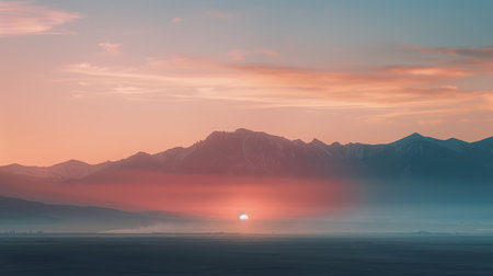 A tranquil scene unfolds at dawn as soft pink and purple hues illuminate the sky. Mist lingers over the golden grassland, framed by distant mountains under the awakening light.の素材
