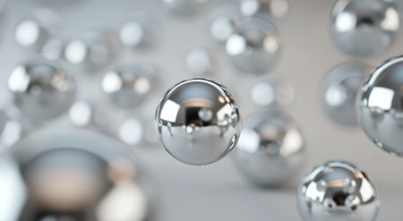 Multiple shiny metallic spheres hover above a smooth surface, reflecting light and creating a mesmerizing visual effect. The arrangement offers a modern aesthetic, emphasizing textures and reflections.の素材