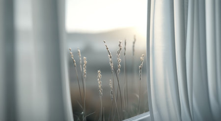 A sheer curtain sways gently in the breeze, framing a golden sunrise over a tranquil meadow filled with soft grasses and delicate flowers, ushering in a peaceful morning ambiance.の素材