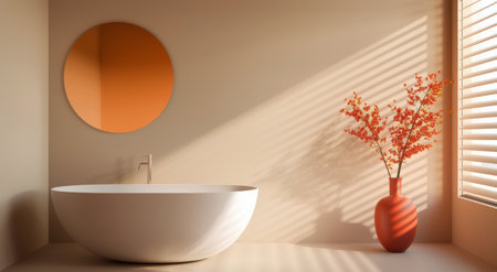 A stylish bathroom featuring a white freestanding bathtub, a round mirror, and a vase with orange foliage. Soft natural light streams through the window, creating a serene atmosphere.の素材