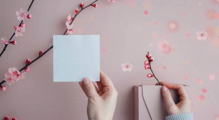 A light pink background features delicate branches with pink blossoms. A person holds a blank card in one hand and a book in the other, creating a serene and artistic springtime ambiance.の素材