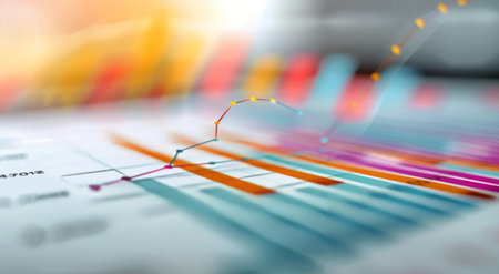 A graphical chart illustrates financial market trends with fluctuating lines and data points, set against a blurred background of a contemporary workspace, highlighting the analysis of stock performance.の素材