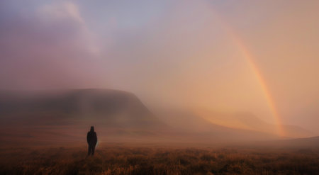 A person stands alone in a misty valley, watching a vibrant rainbow arching across the sky at sunrise, surrounded by gentle hills and an ethereal atmosphere.の素材