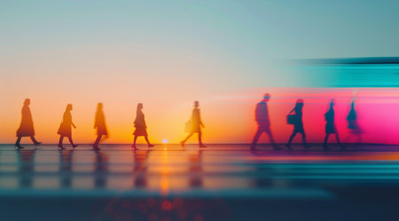 Several silhouettes of people walk in a line toward a vibrant sunset, creating a striking contrast with colorful light trails around them. The urban environment adds a modern touch to this serene moment.の素材
