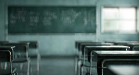 Sunlight streams through the window, illuminating empty desks in a quiet classroom with green chalkboards, creating a serene atmosphere for learning.の素材