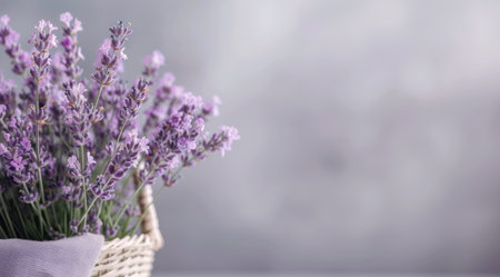 A woven basket holds vibrant lavender flowers, showcasing their delicate purple hues against a softly blurred background with gentle light bokeh, creating a tranquil and inviting atmosphere.の素材