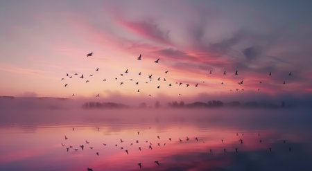 A beautiful sunrise casts vibrant colors across a calm lake, where flocks of birds soar gracefully above the shimmering water, creating a serene and peaceful atmosphere.の素材
