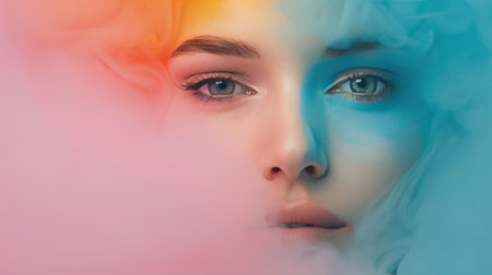 A young woman showcases bold makeup featuring bright colors, complemented by a swirl of pink smoke, creating an artistic and vibrant atmosphere against a blue background.の素材