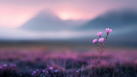 A tranquil scene unfolds at dawn as soft pink and purple hues illuminate the sky. Mist lingers over the golden grassland, framed by distant mountains under the awakening light.の素材