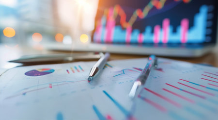 Traders analyze stock market trends on digital trading charts, focusing on price fluctuations and market signals during evening hours.の素材