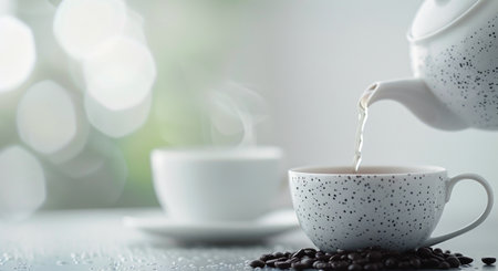 Hot tea is being poured from a teapot into a sleek white cup, resting on a saucer, alongside a pile of coffee beans, creating a relaxing atmosphere in a cozy setting.の素材