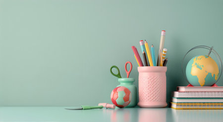 A vibrant arrangement of stationery items sits on a light turquoise desk. Scissors, pens, and colorful sticky notes are housed in a pink container, alongside a miniature globe and stacked notebooks.の素材