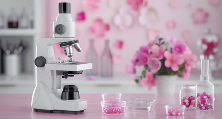 A laboratory microscope is positioned on a clean surface, featuring a vibrant pink floral backdrop that enhances the scientific atmosphere. The microscope is equipped with multiple lenses.の素材