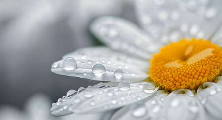 Soft white daisy petals glisten with droplets of dew, capturing the morning light. The vibrant yellow center contrasts beautifully with the delicate petals, creating a serene and fresh atmosphere.の素材