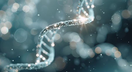 A detailed depiction of a DNA double helix structure adorned with shimmering water droplets, illuminated softly, creating a serene and scientific atmosphere.の素材