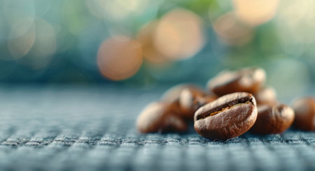 A single coffee bean rests prominently on a rustic surface, with other coffee beans scattered nearby, highlighting the rich texture and color of fresh coffee.の素材