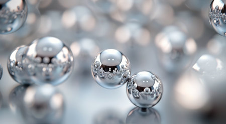 Shiny silver spheres hover in a soft gray space, reflecting light and creating a sense of depth. The arrangement conveys a feeling of motion and fluidity, with light enhancing their reflective surfaces.の素材