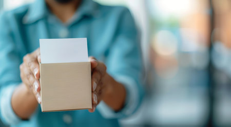 A person extends a small brown package with a blank label, showcasing it against a blurred background filled with light. The individual appears focused on presenting the item, highlighting its importance.の素材