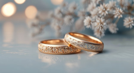 Two beautiful wedding rings, one featuring intricate detailing and the other polished, rest on a reflective surface adorned with delicate floral elements, softly illuminated by warm ambient light.の素材