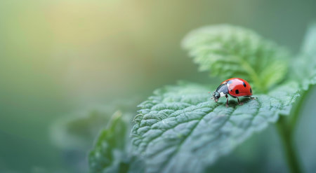 A vibrant ladybug is perched on a lush green leaf, basking in the warm sunlight of a serene garden, showing its distinctive red and black markings against the fresh greenery.の素材