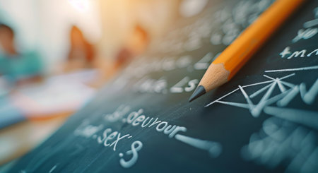 A yellow pencil rests on a chalkboard filled with handwritten notes and equations, while students can be seen engaging in classroom activities in the background, creating an atmosphere of learning.の素材