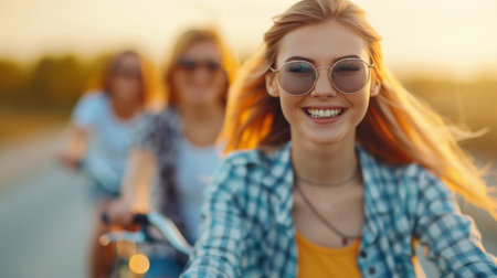 A cheerful young woman smiles brightly while cycling along a scenic trail as friends ride closely behind, illuminated by the warm glow of the summer evening sun.の素材